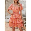 image:imagePRETTYGARDEN Womens 2026 Floral Summer Short Dress Square Neck Short Sleeve Tiered Ruffle Boho Swing DressesRose Red Floral