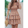image:imagePRETTYGARDEN Womens 2026 Floral Summer Short Dress Square Neck Short Sleeve Tiered Ruffle Boho Swing DressesTurmeric