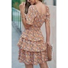 image:imagePRETTYGARDEN Womens 2026 Floral Summer Short Dress Square Neck Short Sleeve Tiered Ruffle Boho Swing DressesTurmeric