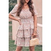 image:imagePRETTYGARDEN Womens 2026 Floral Summer Short Dress Square Neck Short Sleeve Tiered Ruffle Boho Swing DressesWhite