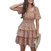 image:imagePRETTYGARDEN Womens 2026 Floral Summer Short Dress Square Neck Short Sleeve Tiered Ruffle Boho Swing DressesTurmeric
