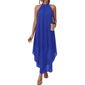 image:imagePRETTYGARDEN Summer Wedding Guest Dresses for Women 2026 Spring Long Flowy Halter Maxi Asymmetrical Beach Vacation SundressBlue
