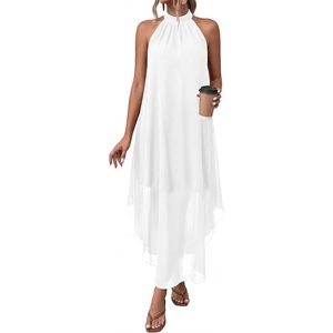 image:imagePRETTYGARDEN Summer Wedding Guest Dresses for Women 2026 Spring Long Flowy Halter Maxi Asymmetrical Beach Vacation SundressWhite