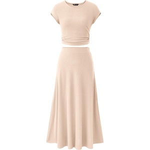 image:imagePRETTYGARDEN Two Piece Skirt Set for Women 2026 Summer Spring Dressy Casual Knit Travel Vacation Matching Lounge OutfitsBeige