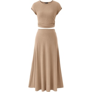 image:imagePRETTYGARDEN Two Piece Skirt Set for Women 2026 Summer Spring Dressy Casual Knit Travel Vacation Matching Lounge OutfitsKhaki