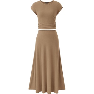 image:imagePRETTYGARDEN Two Piece Skirt Set for Women 2026 Summer Spring Dressy Casual Knit Travel Vacation Matching Lounge OutfitsLight Brown