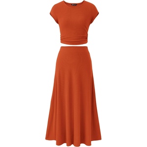 image:imagePRETTYGARDEN Two Piece Skirt Set for Women 2026 Summer Spring Dressy Casual Knit Travel Vacation Matching Lounge OutfitsOrange