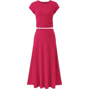 image:imagePRETTYGARDEN Two Piece Skirt Set for Women 2026 Summer Spring Dressy Casual Knit Travel Vacation Matching Lounge OutfitsRose Red