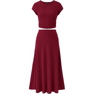image:imagePRETTYGARDEN Two Piece Skirt Set for Women 2026 Summer Spring Dressy Casual Knit Travel Vacation Matching Lounge OutfitsWine Red