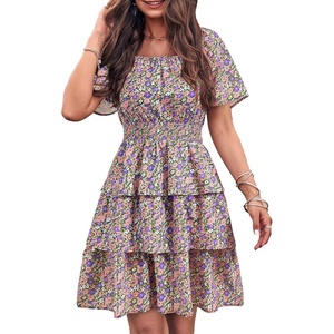 image:imagePRETTYGARDEN Womens 2026 Floral Summer Short Dress Square Neck Short Sleeve Tiered Ruffle Boho Swing DressesArmy Green Floral