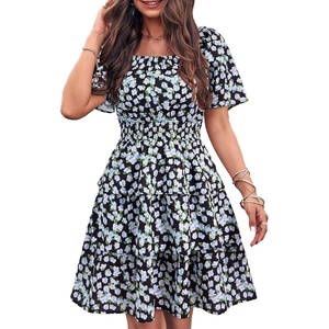 image:imagePRETTYGARDEN Womens 2026 Floral Summer Short Dress Square Neck Short Sleeve Tiered Ruffle Boho Swing DressesBlack Blue Floral
