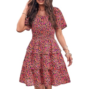 image:imagePRETTYGARDEN Womens 2026 Floral Summer Short Dress Square Neck Short Sleeve Tiered Ruffle Boho Swing DressesBlack Orange Floral