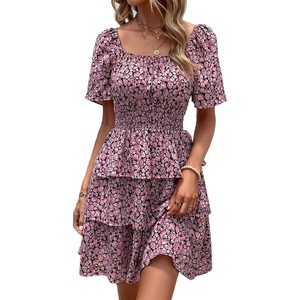 image:imagePRETTYGARDEN Womens 2026 Floral Summer Short Dress Square Neck Short Sleeve Tiered Ruffle Boho Swing DressesBlack Pink Floral