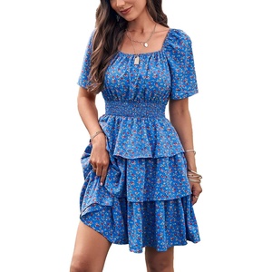 image:imagePRETTYGARDEN Womens 2026 Floral Summer Short Dress Square Neck Short Sleeve Tiered Ruffle Boho Swing DressesBlue