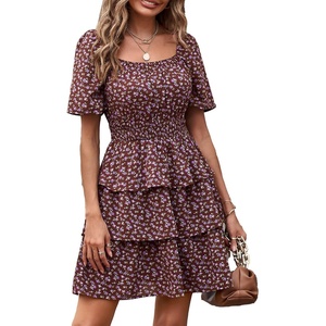 image:imagePRETTYGARDEN Womens 2026 Floral Summer Short Dress Square Neck Short Sleeve Tiered Ruffle Boho Swing DressesCoffee