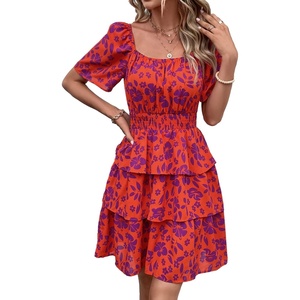 image:imagePRETTYGARDEN Womens 2026 Floral Summer Short Dress Square Neck Short Sleeve Tiered Ruffle Boho Swing DressesOrange Purple Floral