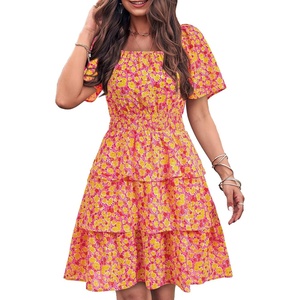 image:imagePRETTYGARDEN Womens 2026 Floral Summer Short Dress Square Neck Short Sleeve Tiered Ruffle Boho Swing DressesRose Red Floral