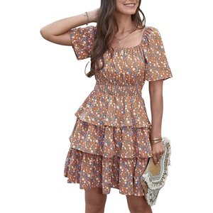 image:imagePRETTYGARDEN Womens 2026 Floral Summer Short Dress Square Neck Short Sleeve Tiered Ruffle Boho Swing DressesTurmeric