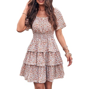 image:imagePRETTYGARDEN Womens 2026 Floral Summer Short Dress Square Neck Short Sleeve Tiered Ruffle Boho Swing DressesWhite