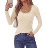 image:imagePRETTYGARDEN Long Sleeve T Shirts for Women Tops Casual  Stretchy Ribbed Knit Lace Trim Square Neck Slim Fit Tees Fall Winter Fashion Layering Clothes for Going Out amp Date NightBeige