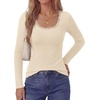 image:imagePRETTYGARDEN Long Sleeve T Shirts for Women Tops Casual  Stretchy Ribbed Knit Lace Trim Square Neck Slim Fit Tees Fall Winter Fashion Layering Clothes for Going Out amp Date NightBeige