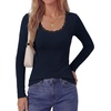 image:imagePRETTYGARDEN Long Sleeve T Shirts for Women Tops Casual  Stretchy Ribbed Knit Lace Trim Square Neck Slim Fit Tees Fall Winter Fashion Layering Clothes for Going Out amp Date NightNavy Blue