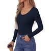 image:imagePRETTYGARDEN Long Sleeve T Shirts for Women Tops Casual  Stretchy Ribbed Knit Lace Trim Square Neck Slim Fit Tees Fall Winter Fashion Layering Clothes for Going Out amp Date NightNavy Blue