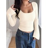 image:imagePRETTYGARDEN Womens Bell Long Sleeve Shirts Going Out Tops  Soft Stretchy Ribbed Knit Square Neck Slim Fit Y2K Clothes Trendy Side Ruched Layering Tee for Casual Fall amp Winter WearBeige