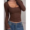 image:imagePRETTYGARDEN Womens Bell Long Sleeve Shirts Going Out Tops  Soft Stretchy Ribbed Knit Square Neck Slim Fit Y2K Clothes Trendy Side Ruched Layering Tee for Casual Fall amp Winter WearBrown