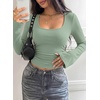 image:imagePRETTYGARDEN Womens Bell Long Sleeve Shirts Going Out Tops  Soft Stretchy Ribbed Knit Square Neck Slim Fit Y2K Clothes Trendy Side Ruched Layering Tee for Casual Fall amp Winter WearSage Green