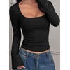 image:imagePRETTYGARDEN Womens Bell Long Sleeve Shirts Going Out Tops  Soft Stretchy Ribbed Knit Square Neck Slim Fit Y2K Clothes Trendy Side Ruched Layering Tee for Casual Fall amp Winter WearBlack