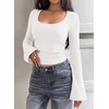 image:imagePRETTYGARDEN Womens Bell Long Sleeve Shirts Going Out Tops  Soft Stretchy Ribbed Knit Square Neck Slim Fit Y2K Clothes Trendy Side Ruched Layering Tee for Casual Fall amp Winter WearWhite