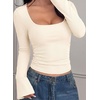 image:imagePRETTYGARDEN Womens Bell Long Sleeve Shirts Going Out Tops  Soft Stretchy Ribbed Knit Square Neck Slim Fit Y2K Clothes Trendy Side Ruched Layering Tee for Casual Fall amp Winter WearBeige