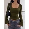 image:imagePRETTYGARDEN Womens Bell Long Sleeve Shirts Going Out Tops  Soft Stretchy Ribbed Knit Square Neck Slim Fit Y2K Clothes Trendy Side Ruched Layering Tee for Casual Fall amp Winter WearArmy Green