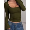 image:imagePRETTYGARDEN Womens Bell Long Sleeve Shirts Going Out Tops  Soft Stretchy Ribbed Knit Square Neck Slim Fit Y2K Clothes Trendy Side Ruched Layering Tee for Casual Fall amp Winter WearArmy Green