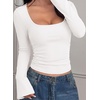 image:imagePRETTYGARDEN Womens Bell Long Sleeve Shirts Going Out Tops  Soft Stretchy Ribbed Knit Square Neck Slim Fit Y2K Clothes Trendy Side Ruched Layering Tee for Casual Fall amp Winter WearWhite