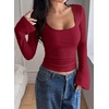 image:imagePRETTYGARDEN Womens Bell Long Sleeve Shirts Going Out Tops  Soft Stretchy Ribbed Knit Square Neck Slim Fit Y2K Clothes Trendy Side Ruched Layering Tee for Casual Fall amp Winter WearBurgundy