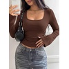 image:imagePRETTYGARDEN Womens Bell Long Sleeve Shirts Going Out Tops  Soft Stretchy Ribbed Knit Square Neck Slim Fit Y2K Clothes Trendy Side Ruched Layering Tee for Casual Fall amp Winter WearBrown