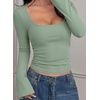 image:imagePRETTYGARDEN Womens Bell Long Sleeve Shirts Going Out Tops  Soft Stretchy Ribbed Knit Square Neck Slim Fit Y2K Clothes Trendy Side Ruched Layering Tee for Casual Fall amp Winter WearSage Green
