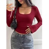 image:imagePRETTYGARDEN Womens Bell Long Sleeve Shirts Going Out Tops  Soft Stretchy Ribbed Knit Square Neck Slim Fit Y2K Clothes Trendy Side Ruched Layering Tee for Casual Fall amp Winter WearBurgundy