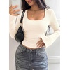 image:imagePRETTYGARDEN Womens Bell Long Sleeve Shirts Going Out Tops  Soft Stretchy Ribbed Knit Square Neck Slim Fit Y2K Clothes Trendy Side Ruched Layering Tee for Casual Fall amp Winter WearBeige