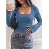 image:imagePRETTYGARDEN Womens Bell Long Sleeve Shirts Going Out Tops  Soft Stretchy Ribbed Knit Square Neck Slim Fit Y2K Clothes Trendy Side Ruched Layering Tee for Casual Fall amp Winter WearDusty Blue