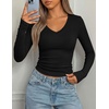 image:imagePRETTYGARDEN Womens Long Sleeve Ribbed V Neck Knit Shirts  Soft Ribbed Knit Fabric Flattering Fitted Silhouette Lightweight Basic Tee Y2K Going Out Top Fall Winter Layering OutfitsBlack