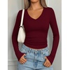 image:imagePRETTYGARDEN Womens Long Sleeve Ribbed V Neck Knit Shirts  Soft Ribbed Knit Fabric Flattering Fitted Silhouette Lightweight Basic Tee Y2K Going Out Top Fall Winter Layering OutfitsWine Red