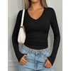image:imagePRETTYGARDEN Womens Long Sleeve Ribbed V Neck Knit Shirts  Soft Ribbed Knit Fabric Flattering Fitted Silhouette Lightweight Basic Tee Y2K Going Out Top Fall Winter Layering OutfitsBlack