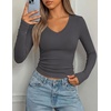 image:imagePRETTYGARDEN Womens Long Sleeve Ribbed V Neck Knit Shirts  Soft Ribbed Knit Fabric Flattering Fitted Silhouette Lightweight Basic Tee Y2K Going Out Top Fall Winter Layering OutfitsDark Grey