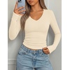image:imagePRETTYGARDEN Womens Long Sleeve Ribbed V Neck Knit Shirts  Soft Ribbed Knit Fabric Flattering Fitted Silhouette Lightweight Basic Tee Y2K Going Out Top Fall Winter Layering OutfitsBeige
