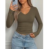 image:imagePRETTYGARDEN Womens Long Sleeve Ribbed V Neck Knit Shirts  Soft Ribbed Knit Fabric Flattering Fitted Silhouette Lightweight Basic Tee Y2K Going Out Top Fall Winter Layering OutfitsArmy Green