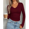 image:imagePRETTYGARDEN Womens Long Sleeve Ribbed V Neck Knit Shirts  Soft Ribbed Knit Fabric Flattering Fitted Silhouette Lightweight Basic Tee Y2K Going Out Top Fall Winter Layering OutfitsWine Red