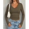 image:imagePRETTYGARDEN Womens Long Sleeve Ribbed V Neck Knit Shirts  Soft Ribbed Knit Fabric Flattering Fitted Silhouette Lightweight Basic Tee Y2K Going Out Top Fall Winter Layering OutfitsArmy Green